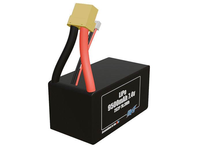 Rendered view of a slim 9500mAh LiPo pack, used in UAV and defense-grade robotics projects.