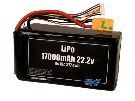 A MaxAmps LiPo 17000mAh 6S 22.2 volt battery pack with XT90 Anti Spark Connector
