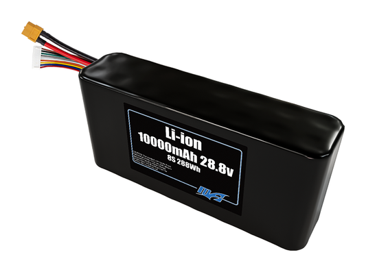 Compact 28.8-volt 10000mAh lithium-ion battery, built for lightweight drone, UAV, and robotics projects.