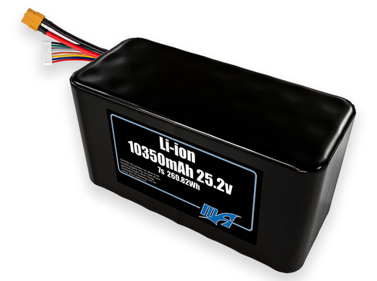 Compact 25.2-volt 10500mAh lithium-ion battery, built for lightweight drone, UAV, and robotics projects.