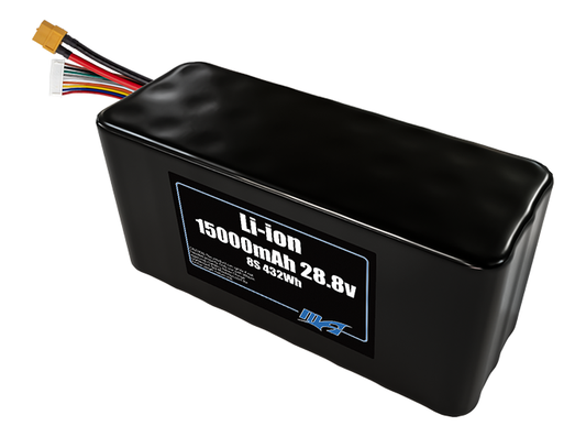 Compact 28.8-volt 15000mAh lithium-ion battery, built for lightweight drone, UAV, and robotics projects.