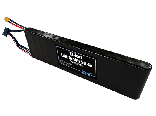 Compact 50.4-volt 5000mAh lithium-ion battery, built for lightweight drone, UAV, and robotics projects.