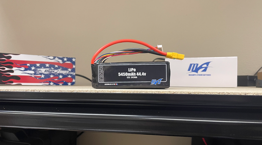 A MaxAmps LiPo battery being stored on the shelf