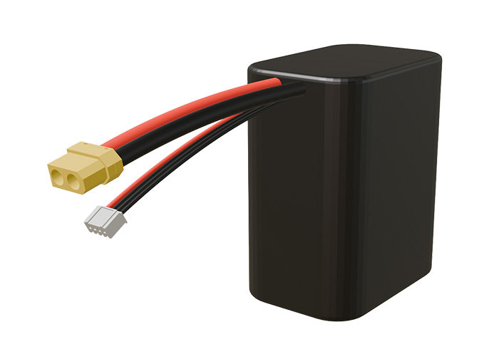 Side-angle render of a 10.8-volt 12000mAh lithium-ion battery, assembled in the USA for compact UAV, drone, and military robotics platforms.