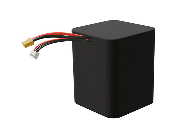 Side-angle render of a 10.8-volt 13500mAh lithium-ion battery, assembled in the USA for compact UAV, drone, and military robotics platforms.