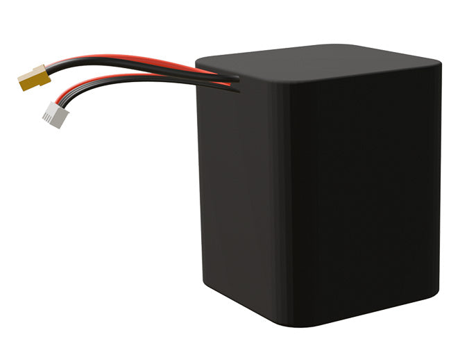 Side-angle render of a 10.8-volt 15000mAh lithium-ion battery, assembled in the USA for compact UAV, drone, and military robotics platforms.