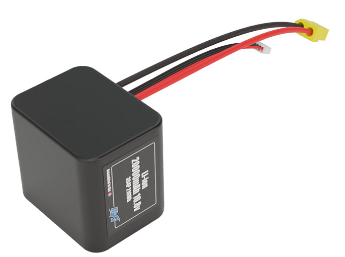 Side-angle render of a 10.8-volt 20000mAh lithium-ion battery, assembled in the USA for compact UAV, drone, and military robotics platforms.