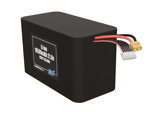Angled product render of the 10500mAh eighteen-cell Li-ion pack. A lightweight energy source for UAV, drone, and robotic builds.
