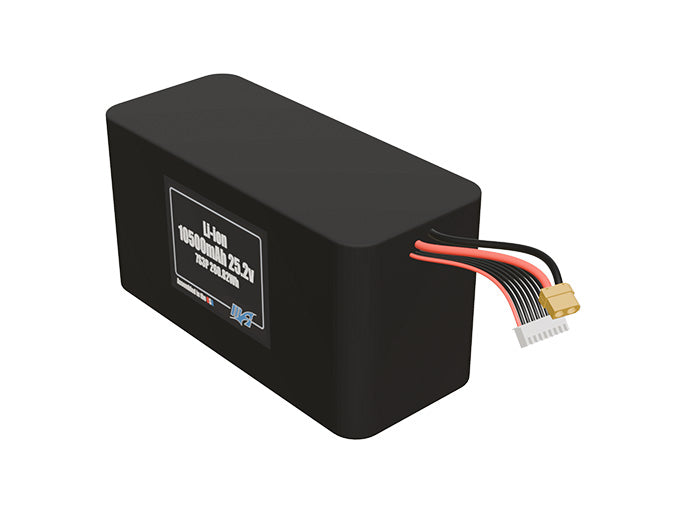 Angled product render of the 10500mAh twenty-one-cell Li-ion pack. A lightweight energy source for UAV, drone, and robotic builds.