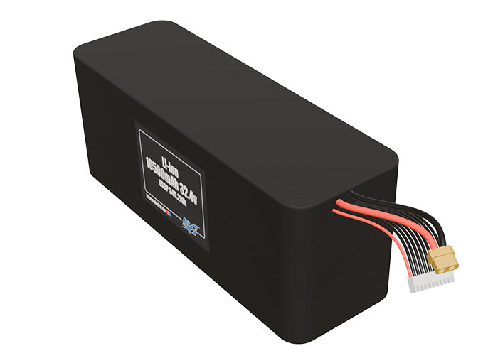 Angled product render of the 10500mAh twenty-seven-cell Li-ion pack. A lightweight energy source for UAV, drone, and robotic builds.