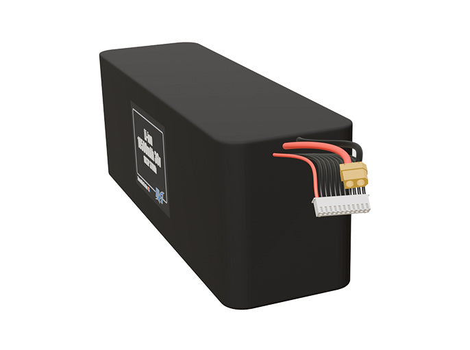 Angled product render of the 10500mAh thirty-cell Li-ion pack. A lightweight energy source for UAV, drone, and robotic builds.