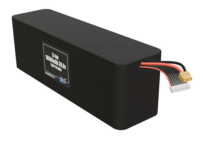 Angled product render of the 10500mAh thirty-three-cell Li-ion pack. A lightweight energy source for UAV, drone, and robotic builds.