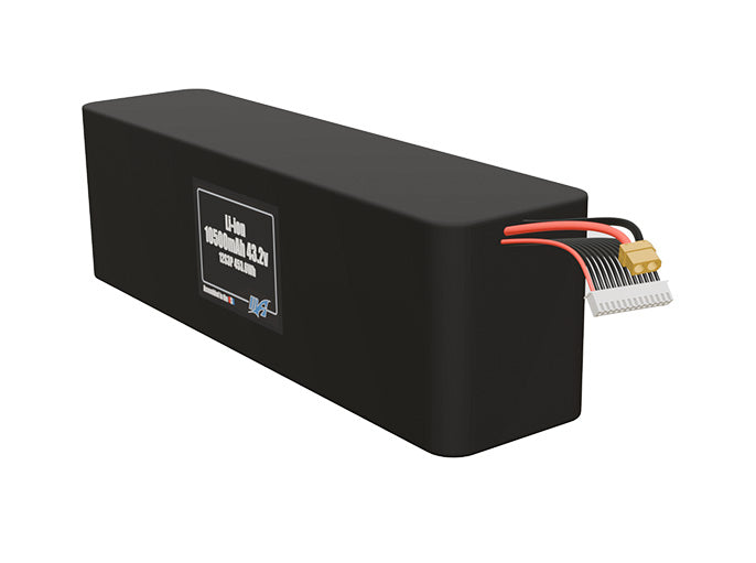 Angled product render of the 10500mAh thirty-six-cell Li-ion pack. A lightweight energy source for UAV, drone, and robotic builds.