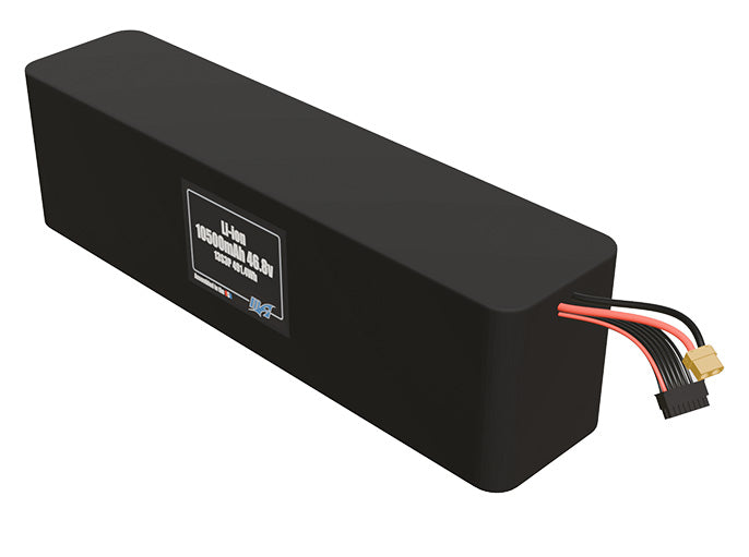 Angled product render of the 10500mAh thirty-nine-cell Li-ion pack. A lightweight energy source for UAV, drone, and robotic builds.