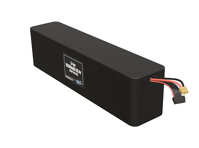 Angled product render of the 10500mAh fourty-two-cell Li-ion pack. A lightweight energy source for UAV, drone, and robotic builds.