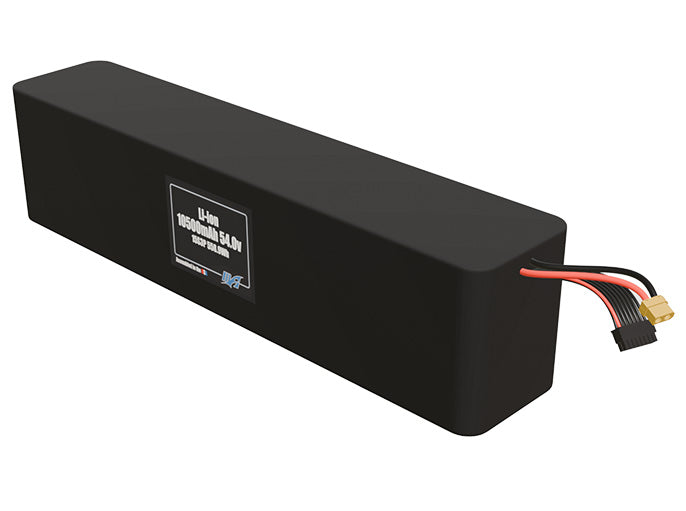 Angled product render of the 10500mAh fourty-five-cell Li-ion pack. A lightweight energy source for UAV, drone, and robotic builds.