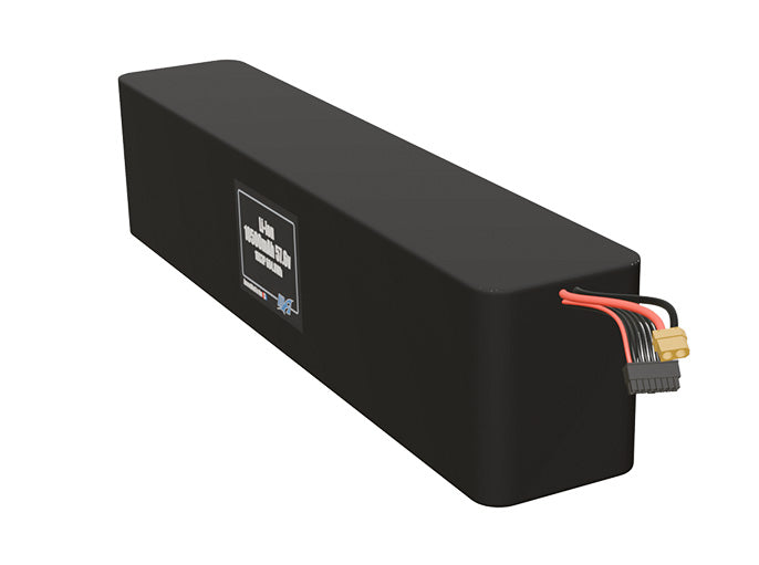 Angled product render of the 10500mAh fourty-eight-cell Li-ion pack. A lightweight energy source for UAV, drone, and robotic builds.