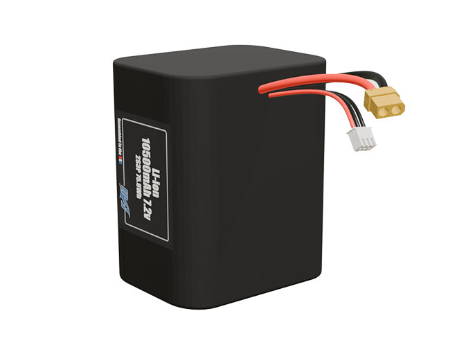 Angled product render of the 10500mAh six-cell Li-ion pack. A lightweight energy source for UAV, drone, and robotic builds.