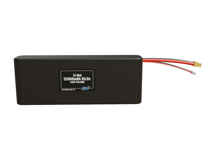 Front-facing render of the 36V 12000mAh 10S2P Li-ion battery, assembled in the USA by maxamps, for drone and robotics applications.