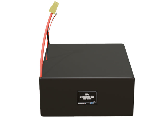 Front-facing render of the 37V 34000mAh 10S2P LiPo battery, assembled in the USA by maxamps, for drone and robotics applications.
