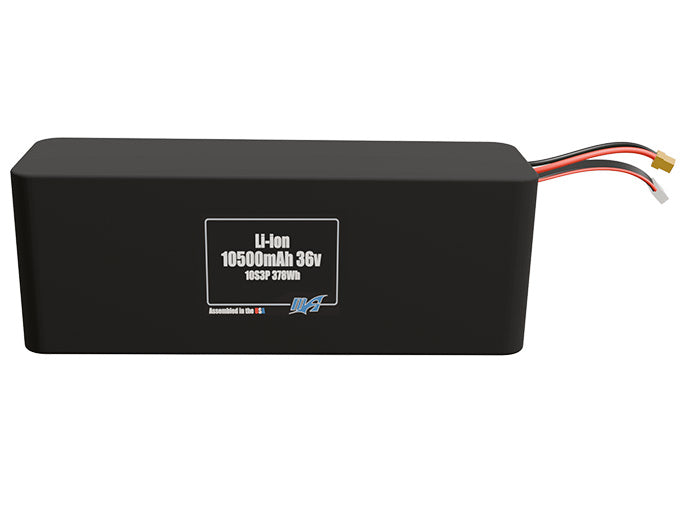 Front-facing render of the 36V 10500mAh 10S3P Li-ion battery, assembled in the USA by maxamps, for drone and robotics applications.