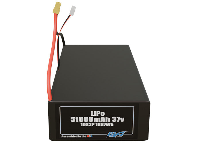 Front-facing render of the 37V 51000mAh 10S3P LiPo battery, assembled in the USA by maxamps, for drone and robotics applications.