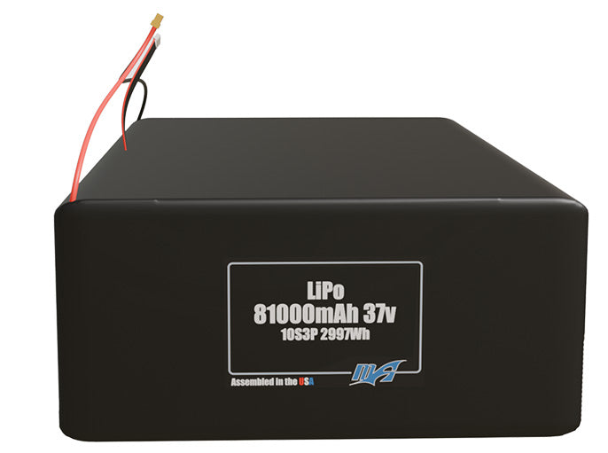 Front-facing render of the 37V 81000mAh 10S3P LiPo battery, assembled in the USA by maxamps, for drone and robotics applications.
