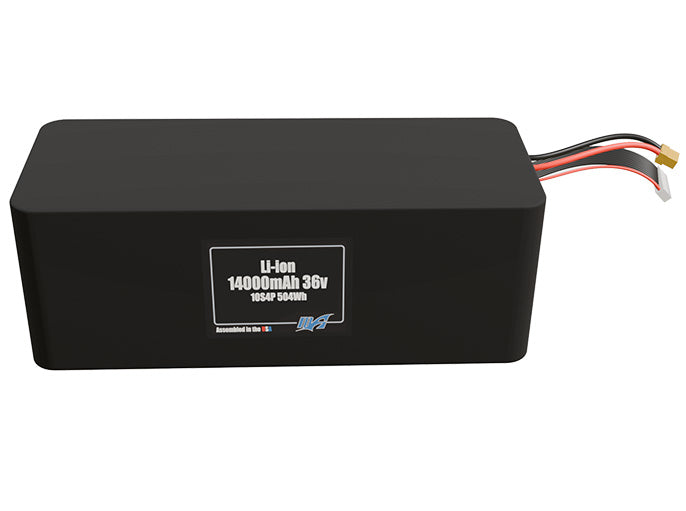 Front-facing render of the 36V 14000mAh 10S4P Lithium-Ion battery, assembled in the USA by maxamps, for drone and robotics applications.