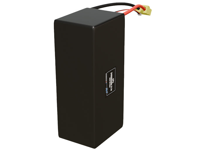 Side-angle render of a 11.1-volt 34000mAh lithium-polymer battery, assembled in the USA for compact UAV, drone, and military robotics platforms.