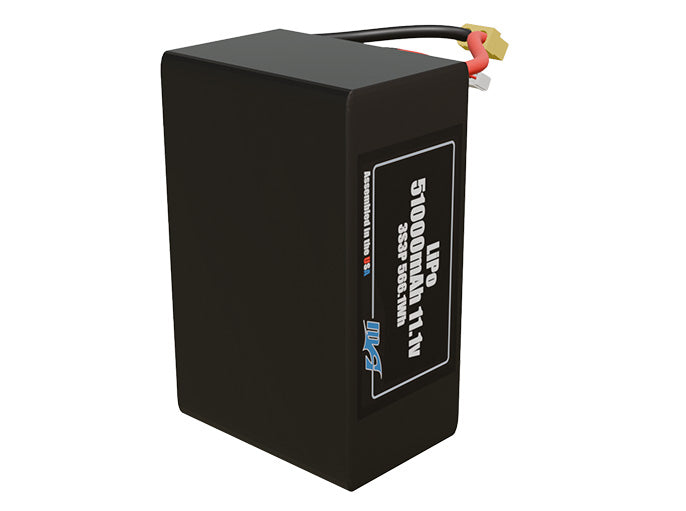 Side-angle render of a 11.1-volt 51000mAh lithium-polymer battery, assembled in the USA for compact UAV, drone, and military robotics platforms.