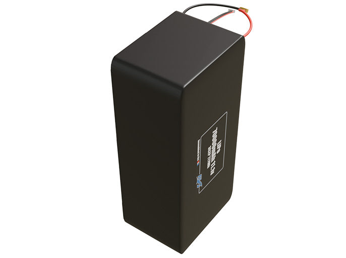 Side-angle render of a 11.1-volt 70000mAh lithium-polymer battery, assembled in the USA for compact UAV, drone, and military robotics platforms.