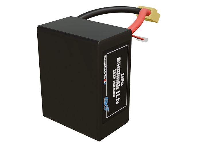 Side-angle render of a 11.1-volt 9500mAh lithium-polymer battery, assembled in the USA for compact UAV, drone, and military robotics platforms.