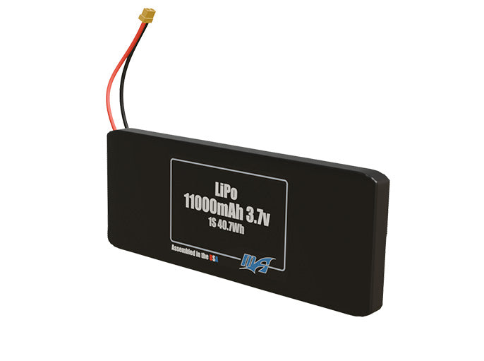 Angled product render of the 11000mAh 1-cell LiPo pack. A lightweight energy source for UAV, drone, and robotic builds.