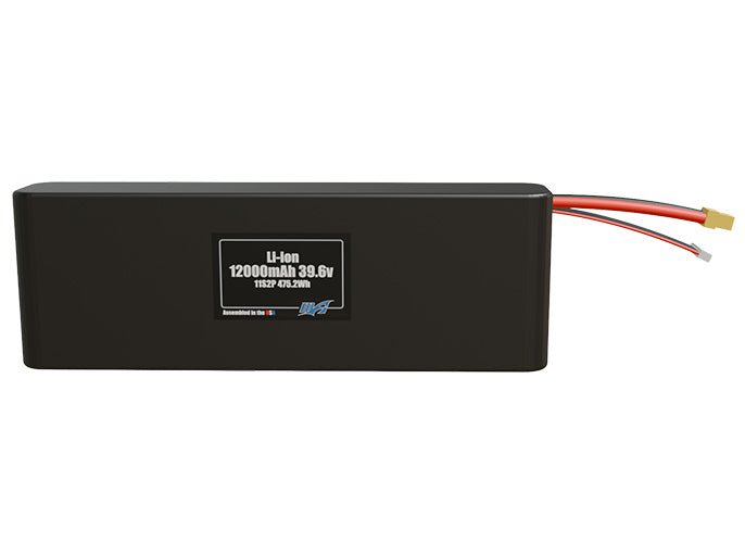 Front-facing render of the 39.6V 12000mAh 11S2P Li-ion battery, assembled in the USA by maxamps, for drone and robotics applications.