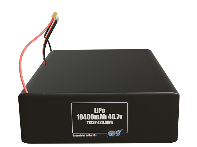 Front-facing render of the 40.7V 10400mAh 11S2P LiPo battery, assembled in the USA by maxamps, for drone and robotics applications.