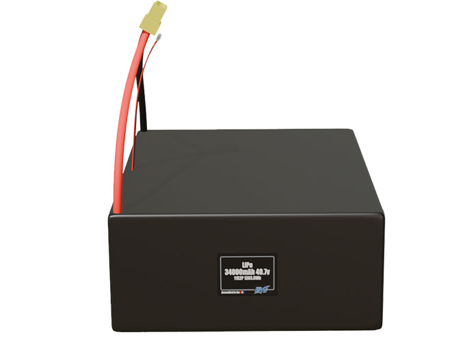 Front-facing render of the 40.7V 34000mAh 11S2P LiPo battery, assembled in the USA by maxamps, for drone and robotics applications.