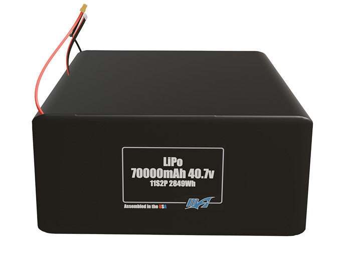 Front-facing render of the 40.7V 70000mAh 11S2P LiPo battery, assembled in the USA by maxamps, for drone and robotics applications.