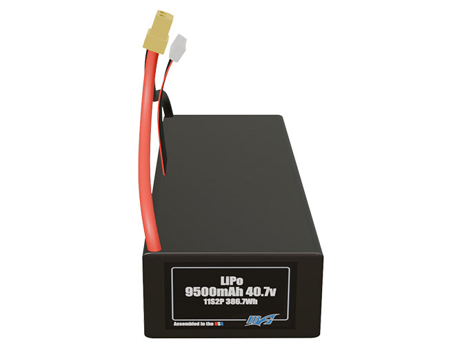 Front-facing render of the 40.7V 9500mAh 11S2P LiPo battery, assembled in the USA by maxamps, for drone and robotics applications.