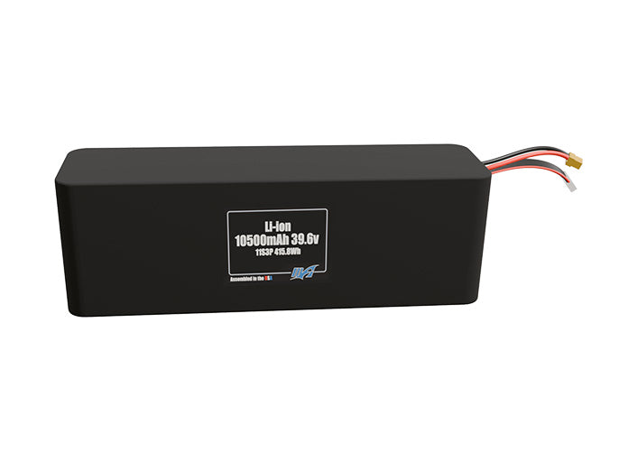 Front-facing render of the 39.6V 10500mAh 11S3P Li-ion battery, assembled in the USA by maxamps, for drone and robotics applications.