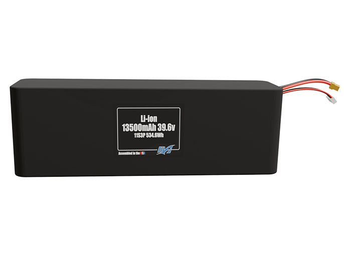 Front-facing render of the 39.6V 13500mAh 11S3P Lithium-Ion battery, assembled in the USA by maxamps, for drone and robotics applications.