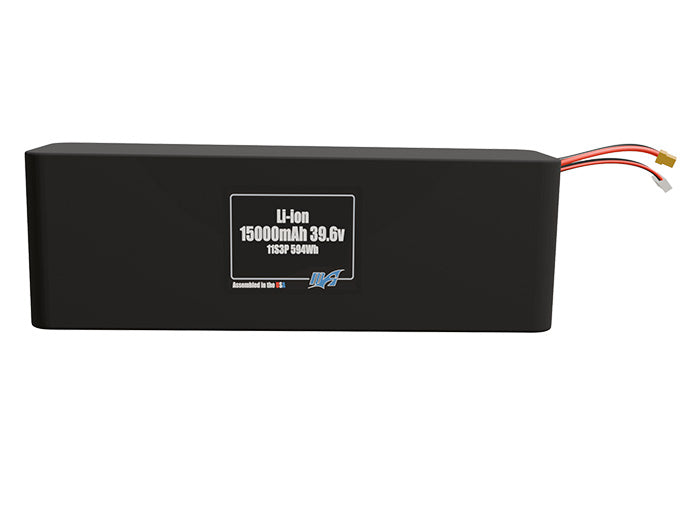 Front-facing render of the 39.6V 15000mAh 11S3P Lithium-Ion battery, assembled in the USA by maxamps, for drone and robotics applications.