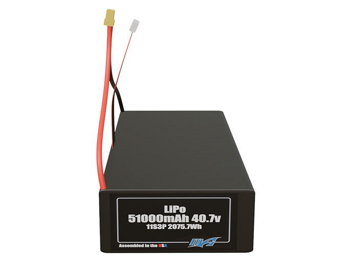 Front-facing render of the 40.7V 51000mAh 11S3P LiPo battery, assembled in the USA by maxamps, for drone and robotics applications.