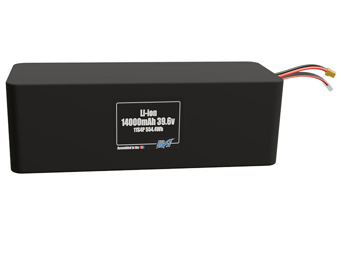 Front-facing render of the 39.6V 14000mAh 11S4P Lithium-Ion battery, assembled in the USA by maxamps, for drone and robotics applications.