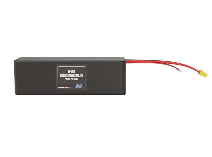Front-facing render of the 39.6V 18000mAh 11S4P Lithium-Ion battery, assembled in the USA by maxamps, for drone and robotics applications.
