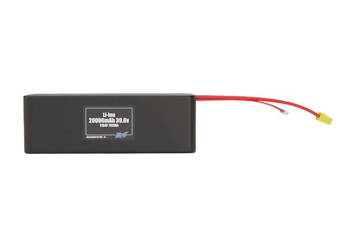 Front-facing render of the 39.6V 20000mAh 11S4P Lithium-Ion battery, assembled in the USA by maxamps, for drone and robotics applications.