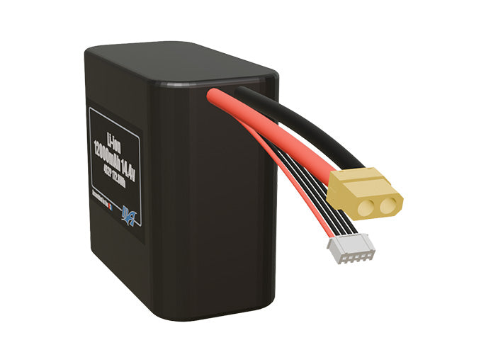 Angled product render of the 12000mAh eight-cell Li-ion pack. A lightweight energy source for UAV, drone, and robotic builds.