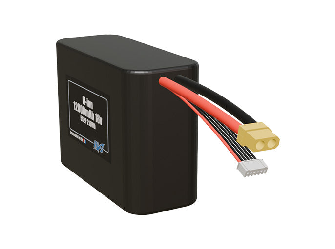 Angled product render of the 12000mAh ten-cell Li-ion pack. A lightweight energy source for UAV, drone, and robotic builds.