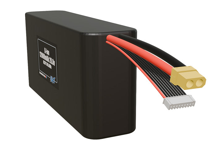 Angled product render of the 12000mAh sixteen-cell Li-ion pack. A lightweight energy source for UAV, drone, and robotic builds.