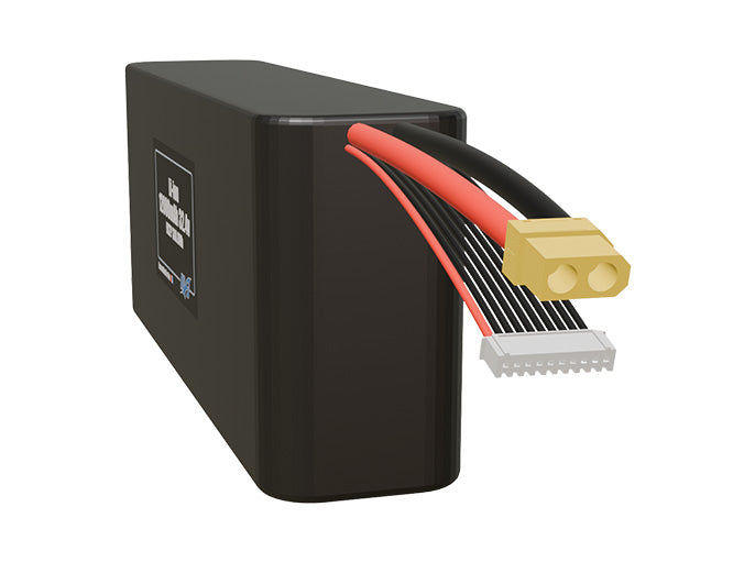 Angled product render of the 12000mAh eighteen-cell Li-ion pack. A lightweight energy source for UAV, drone, and robotic builds.