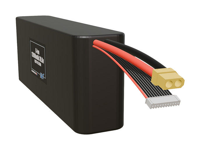 Angled product render of the 12000mAh twenty-cell Li-ion pack. A lightweight energy source for UAV, drone, and robotic builds.